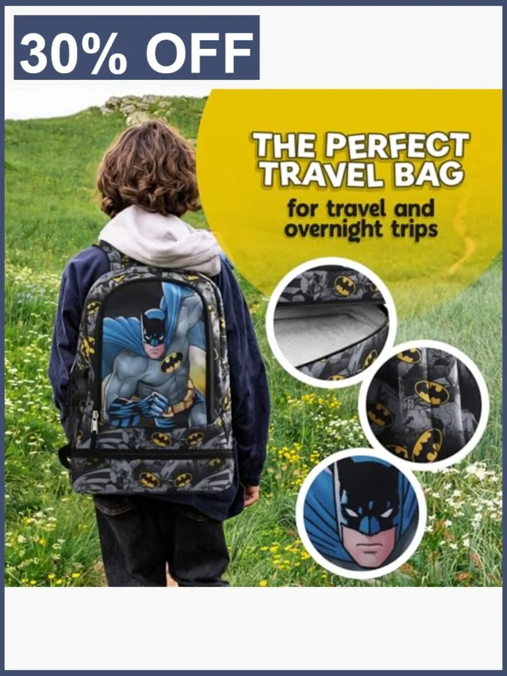 Kids Batman Backpack with Insulated Lunch Pocket and Padded Straps